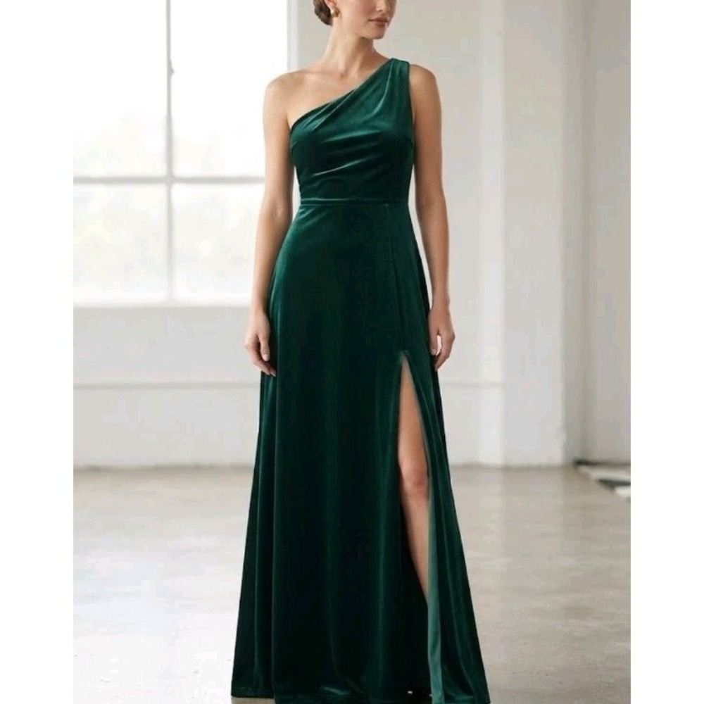 Birdy Grey Emerald Green Velvet One Shoulder Slit Maxi Long Dress Size L